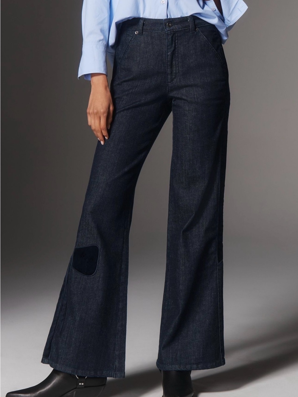 Maeve by Anthropologie, Little Bo Peep, dark flare jeans with velvet side panels
